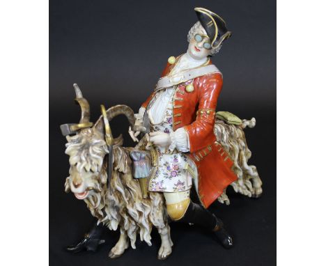 An 18th Century Ludwigsburg figure of "Count Bruhl's tailor riding a goat" after the original by J J Kandler, the Count weari