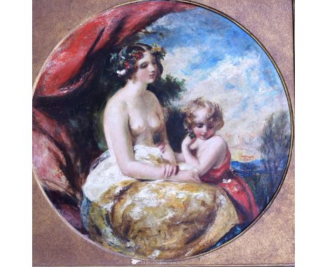 19TH CENTURY CONTINENTAL SCHOOL "Study of scantily clad lady with child", oil on board, unsigned, 48 cm diameter CONDITION RE