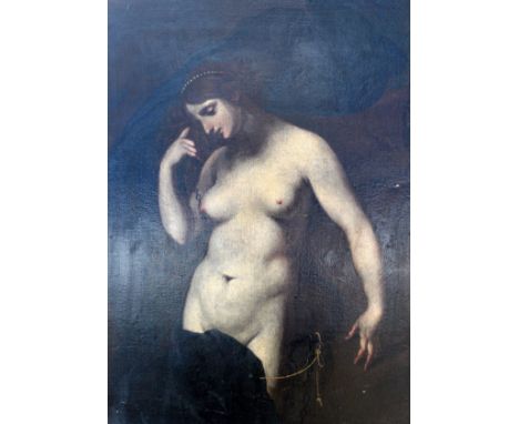 17TH CENTURY CONTINENTAL SCHOOL "Andromeda chained to wall", oil on canvas, unsigned, bears old Christie's label verso, 72 cm