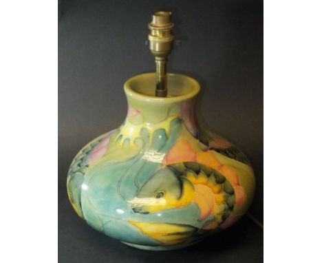 A Moorcroft squat baluster shaped table lamp decorated in the "Koi Carp" pattern, bearing initials "MH" to base and date cyph