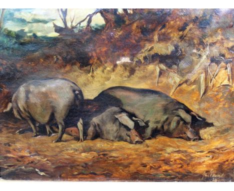JOHN EMMS (1843-1912) "Three black pigs in a woodland", oil on canvas, signed and dated '73 bottom right, 27.5 cm x 37.5 cm C