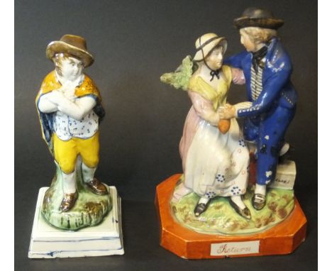 A circa 1790 Staffordshire Pearlware figure of Winter as a man with cloak and hat, 19.5 cm high, together with a circa 1800 S
