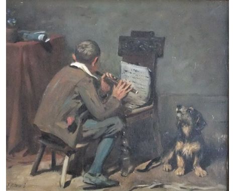 JOHN EMMS (1843-1912) "The Flute Practice", oil on canvas, signed bottom left, 25 cm x 29.5 cm CONDITION REPORTS Overall with