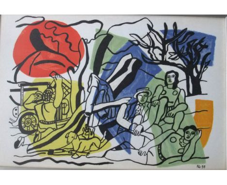 AFTER FERNAND LEGER (1881-1955) "Composition with figures", chromolithograph, unsigned, 37 cm x 55 cm, together with another 