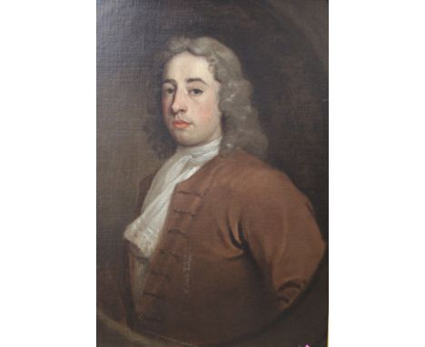 18TH CENTURY ENGLISH SCHOOL IN THE MANNER OF JOSEPH HIGHMORE "Gentleman with white stock and brown coat", oil on canvas, unsi