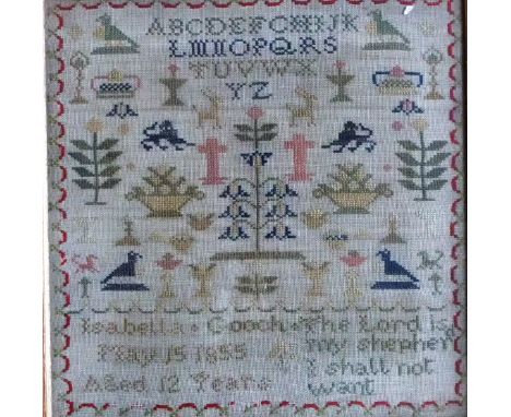 A Victorian tapestry sampler by Isabella Gooch, aged 12 years, dated May 15 1855, featuring a sample of prayer, the alphabet,