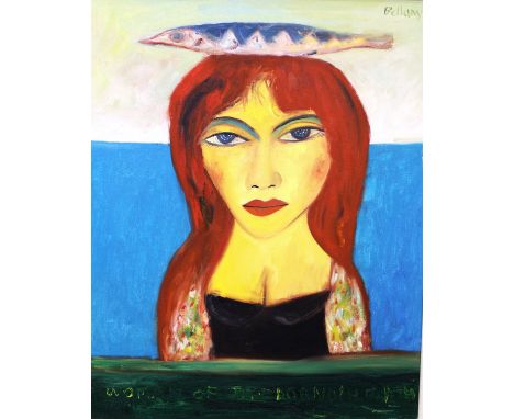 JOHN BELLANY (1942-2013) "Woman of the Dornoch Firth", study of a woman with fish, oil on canvas, signed top right, titled to