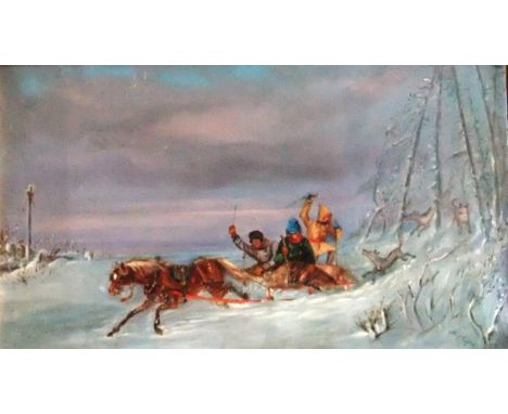 M. HUGHES "Escaping the Wolves", three figures on a horse-drawn sledge in snow, oil on board, signed bottom right, 32 cm x 55