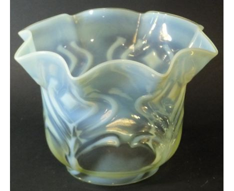A vaseline glass oil lamp shade by Powell, 15.5 cm high CONDITION REPORTS Circular aperture approx 10 cm diameter.  Some ligh