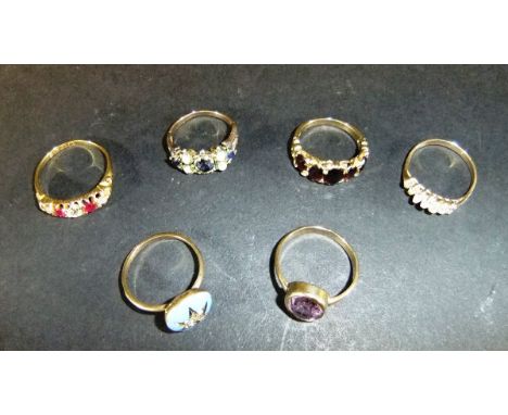 A collection of six various ladies rings including amethyst, opal, garnet, seed pearl, etc, approx 20 g total