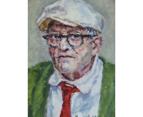 DAVID GRIFFITHS (1939-) "David Hockney", portrait study, head and shoulders, oil on board, signed bottom right and inscribed 