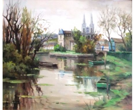 LUCIEN CHENU (1913-) "Eglise au bord de Marail la Vendee", oil on canvas, signed bottom left, bears "Marlborough Antiques" la