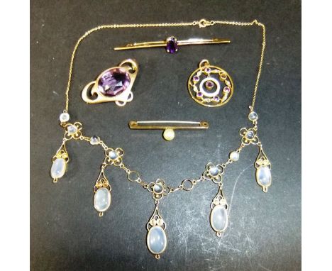 A collection of various jewellery to include moon stone necklace, amethyst and seed pearl pendant, simulated pearl mounted br