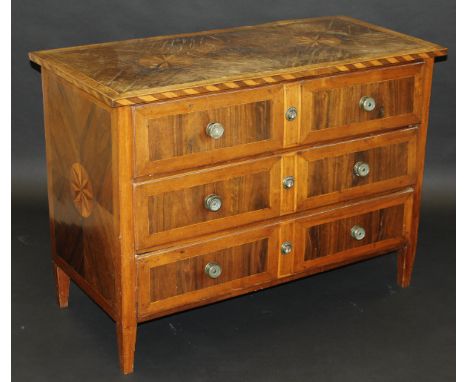 A late 18th Century Maltese walnut / olive wood and inlaid commode, the double quartered top with two starburst parquetry med