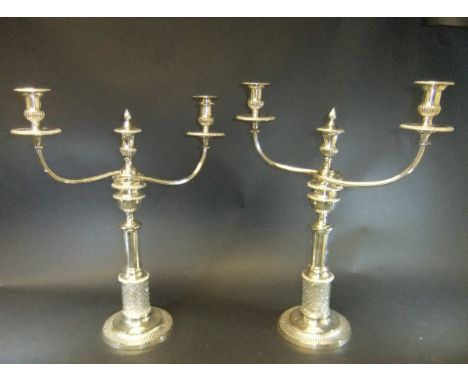 An unusual pair of 19th Century plated candelabra, two branch, three light, on a spiral twist telescopic stand with pineapple