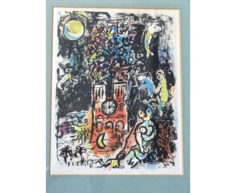 AFTER MARC CHAGALL (1887-1985) "Figures and clock tower", chromolithograph, unsigned, 33 cm x 25 cm (ARR)