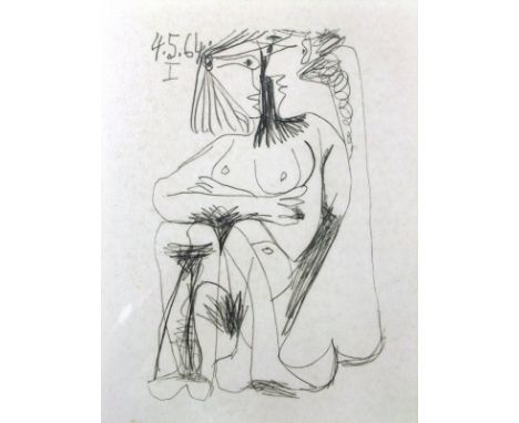 AFTER PABLO PICASSO (1881-1973) "Le gout du bonheur : 25.4.64 : seated nude", monochrome lithograph, unsigned, 25 cm x 32 cm,