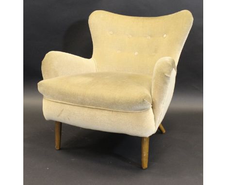 An Ernest Race (1913-1964) DA2 low button back chair in pale gold upholstery, on beech legs CONDITION REPORTS Dirt and wear a