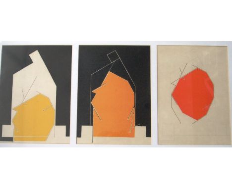 20TH CENTURY CONTINENTAL SCHOOL "Head studies in yellow, orange and red", lithograph, unsigned, 37 cm x  87 cm overall