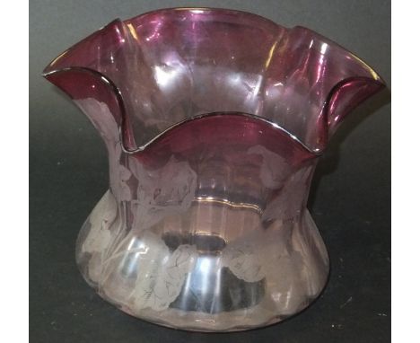 A cranberry glass oil lamp shade with etched flower decoration, 17 cm high CONDITION REPORTS Overall with some wear and scuff