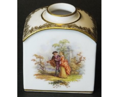 A circa 1900 Meissen miniature tea caddy decorated with two lovers in a landscape with floral sprays to the other three sides