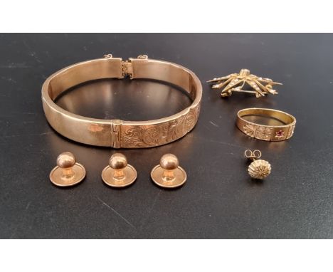 A group of jewellery; to include a 15ct gold ruby and pearl ring, gross weight 2.3g; a 9ct gold hinged bangle, 10.7g; five 9c