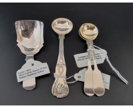 A silver caddy spoon, Exeter 1843; together with a silver salt spoon, Exeter 1851; and a pair of silver salt spoons, Exeter 1