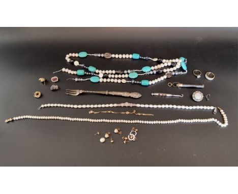 A cultured pearl necklace, the clasp stamped 375; together with various costume jewellery and other items. 