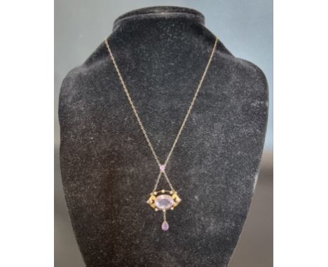 An Art Nouveau 'Rose de France' amethyst and pearl pendant necklace, stamped 9ct, the chain 40cm long. 