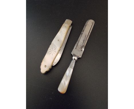 A silver and mother-of-pearl folding fruit knife, Sheffield 1918; together with a silver bookmark, with mother-of-pearl handl