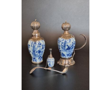 A pair of Chinese blue and white vases, with later Dutch metal mounts, 14cm high; together with a similar Dutch Delft scent f