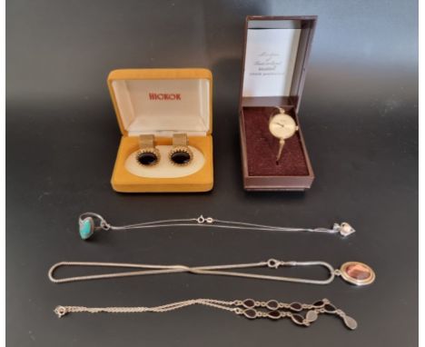 A necklace and pendant, set single pearl, stamped 925; together with other items. (6) 