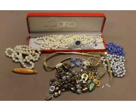 A COLLECTION OF VINTAGE AND MODERN COSTUME JEWELLERY, comprising earrings, brooches, necklaces, etc., to include a twin stran