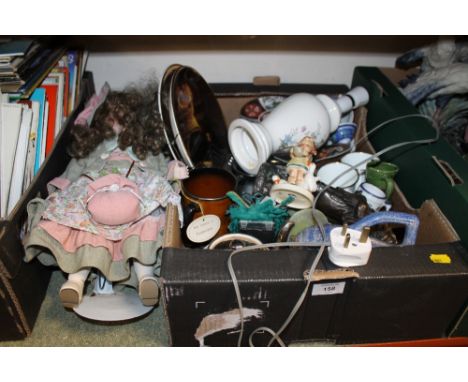 A TRAY OF CERAMICS TO INC A PORCELAIN DOLL, GOEBEL FIGURE ETC