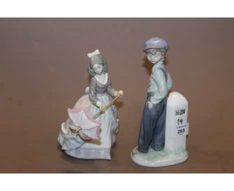 TWO LLADRO FIGURES - BOY LEANING + GIRL WITH PARASOL