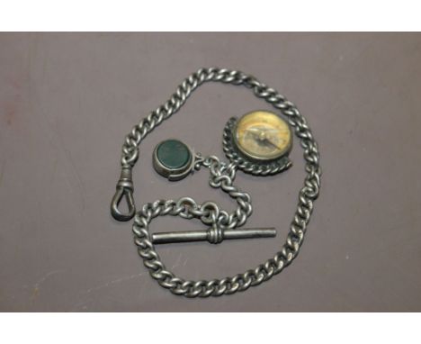A HALLMARKED SILVER ALBERT CHAIN WITH SWIVEL FOB + COMPASS