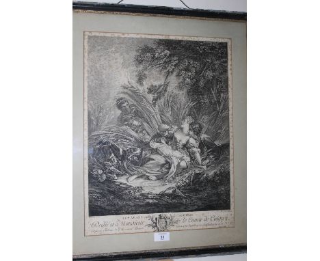 A FRAMED & GLAZED ENGRAVING 'LES AMAIS SURPRIS (CHRISTIES No: 51V) AFTER BOUCHER, ENGRAVED R GAILLARD