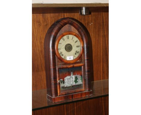 AN ANTIQUE AMERICAN BEEHIVE EIGHT DAY MANTEL CLOCK WITH PAINTED DETAIL