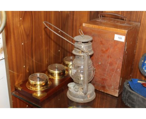 A THREE TIER BAROMETER CLOCK, MICROSCOPE BOX & A LANTERN