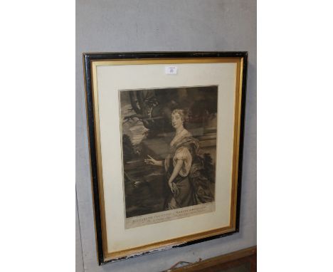 A FRAMED & GLAZED MEZZOTINT PORTRAIT OF ELIZABETH COUNTESS OF NORTHUMBERLAND, AFTER PETER LELY, ENGRAVED THOMAS WATSON 1779