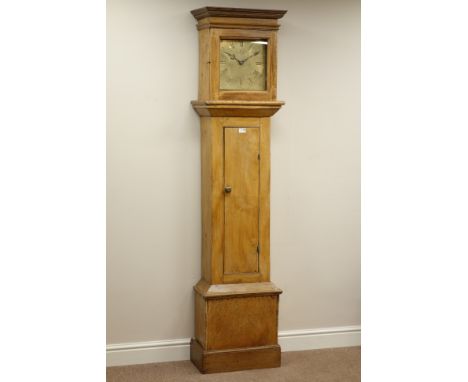 Late 18th century light country elm longcase clock, 30-hour movement with square 11" brass dial signed 'W. Jones Malmsbury', 