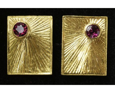 Pair of ruby set gold cuff-links tested to 18ct approx 10.7gm   Condition Report   Click here for further images, condition, 