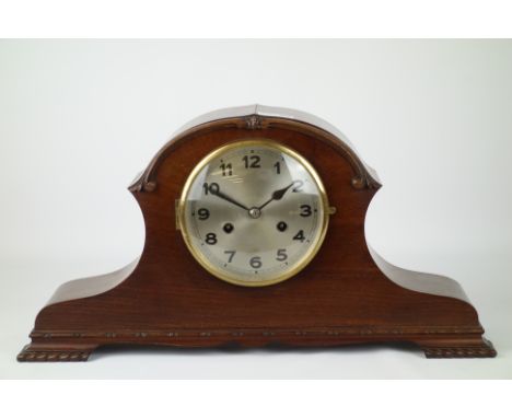 20th century walnut mantel clock, twin train movement striking the hours and halves on coil, H27cm   Condition Report   Click