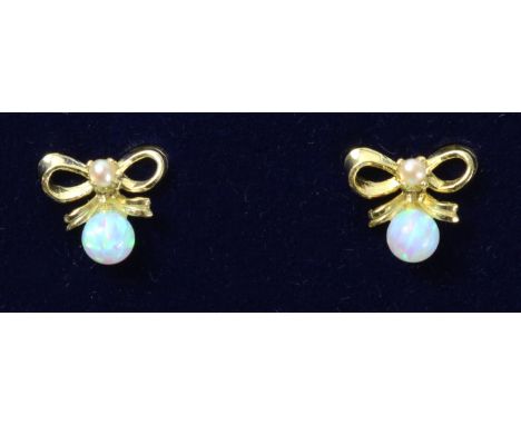 Pair of gold-plated opal and seed pearl ear-rings   Condition Report   Click here for further images, condition, auction time