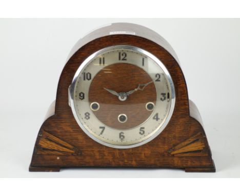Art Deco period oak mantle clock, triple train movement striking Westminster chime on hours and quarters on gongs, H22cm   Co