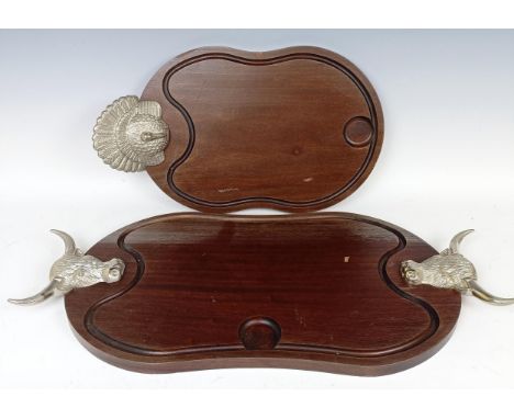 A metal and wooden turkey carving board, 50.5 cm wide, and a similar beef board, 70 cm wide (2)