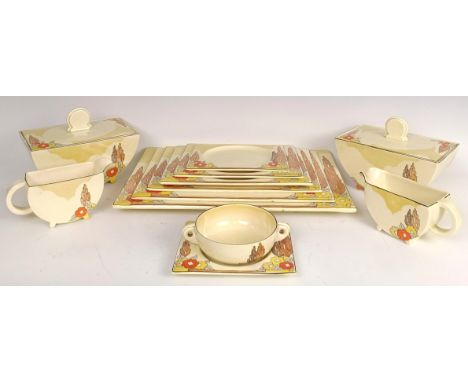 A Clarice Cliff Biarritz extensive dinner service, comprising two tureens, 20 cm wide, six two handled soup bowls on stands, 