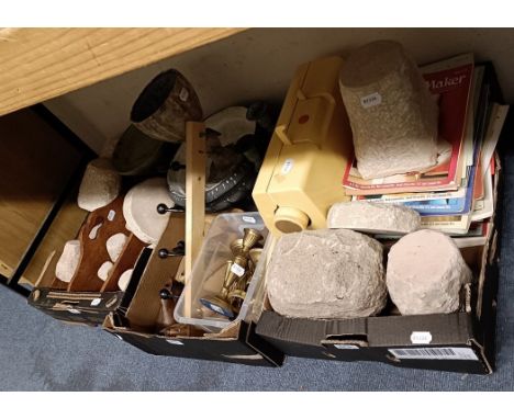 Assorted carved stone mushrooms, a pair of candlesticks and other items (3 boxes)