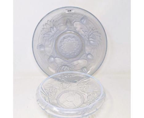 An Art Nouveau style blue glass bowl, decorated lilies, 35 cm diameter, and a similar bowl, decorated flowers, 25 cm diameter