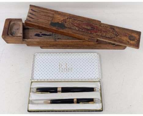 A Parker fountain pen and matching biro, boxed, assorted other items (2 boxes)